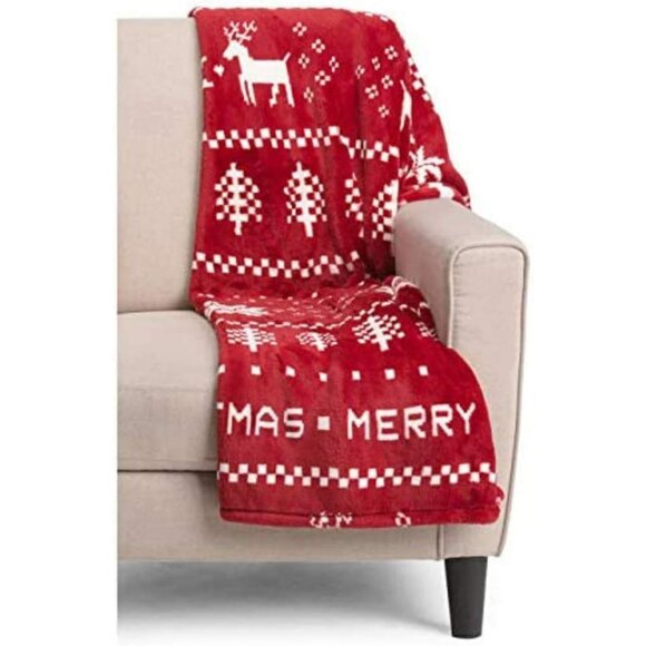 Thro Luxury Plush Fleece Throw Blanket Toss Red and White Christmas Pattern Deer - Picture 1 of 6